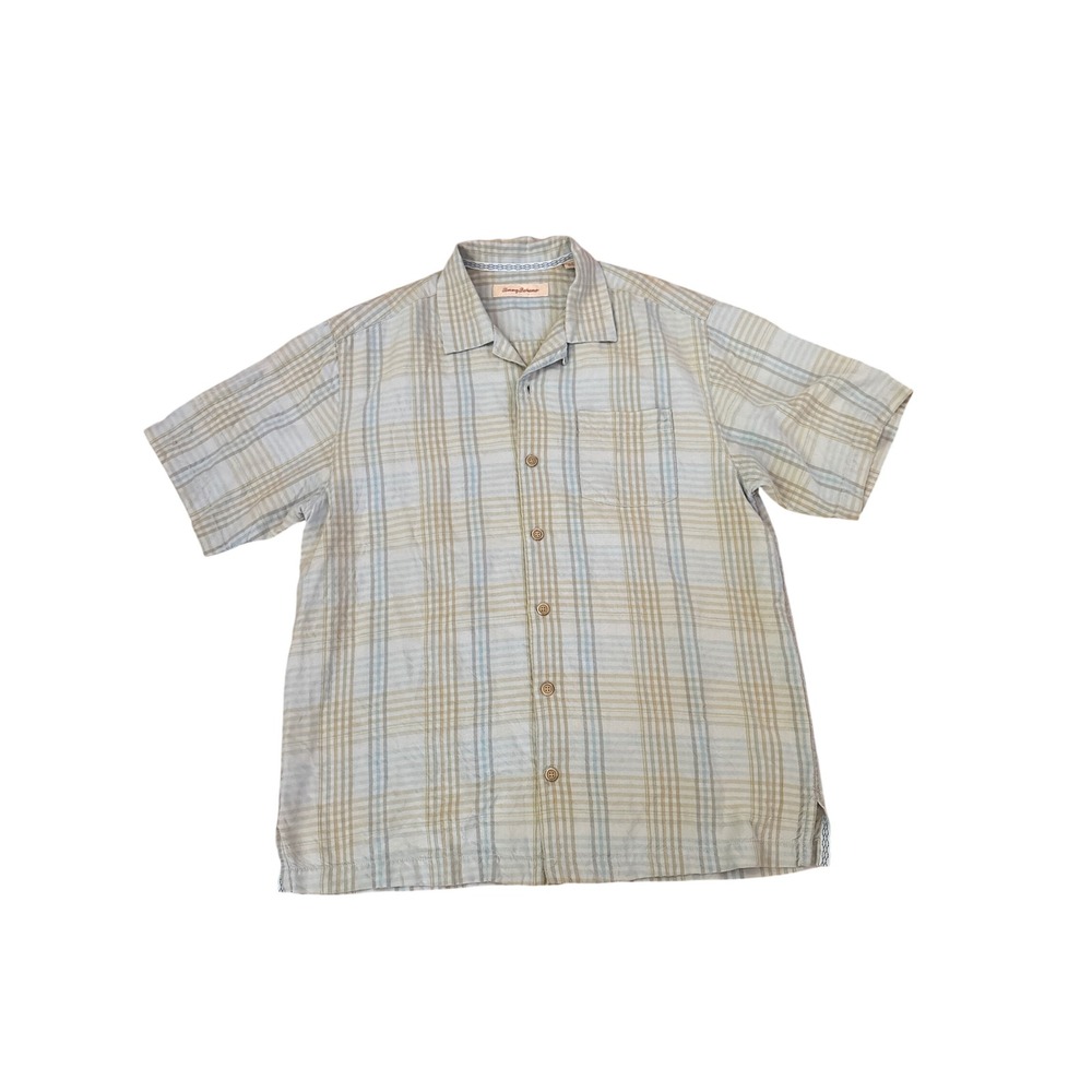 Tommy Bahama Button Down Shirt Mens Blue Tan Plaid‎ Silk Camp SIZE M